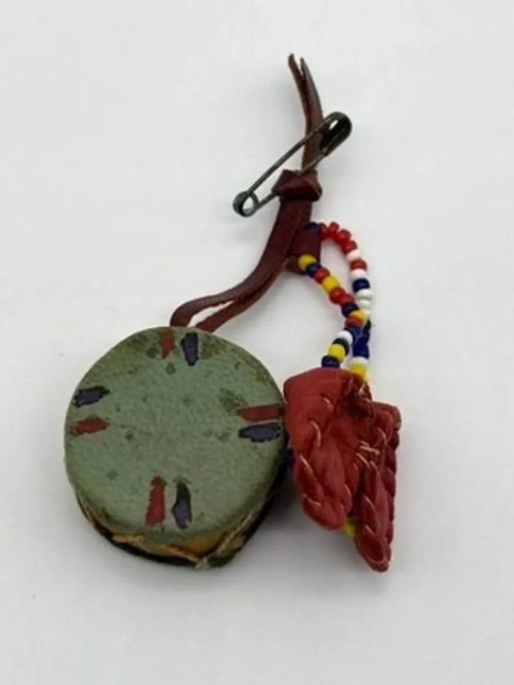 Vintage Native American Brooch Handmade & Hand Painted Miniature Moccasin & Drum - Picture 8 of 13